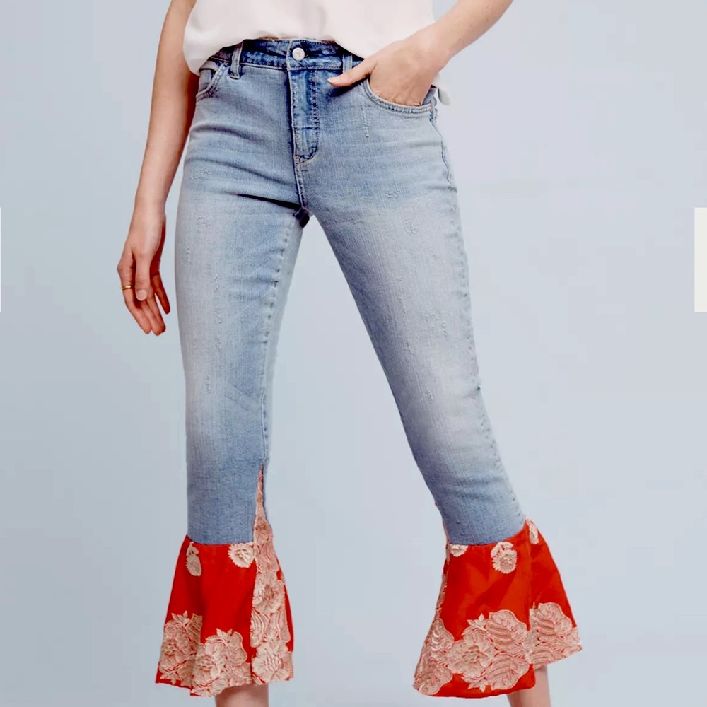Pilcro Light Wash Ankle Jeans with Red Floral Ruffled Cuffs